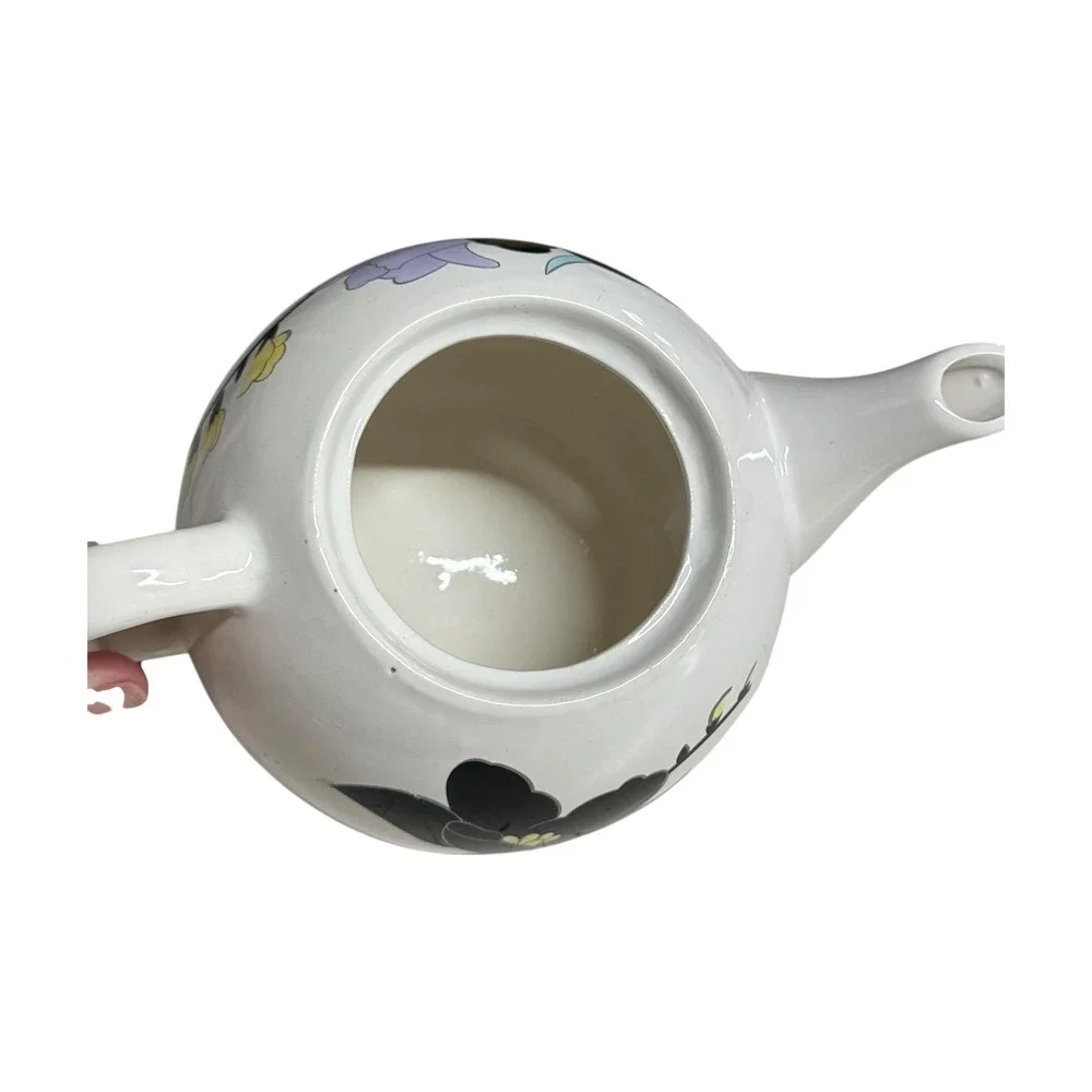VTG Furama Ceramic Teapot Floral Black Lid White Flower Design Kitchen MCM Decor